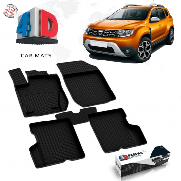 Gumový set 4D přesných autokoberců Dacia Duster 2018-24 4x2 včetně krytu zadní střední části Gumový set 4D přesných autokoberců Dacia Duster 2018-24 4x2 včetně krytu zadní střední části
